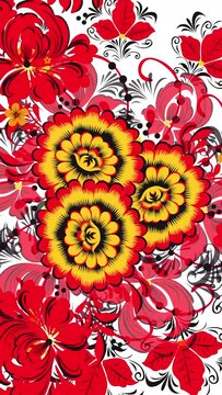 Khokhloma background. Floral seamless pattern. Colorful red and yellow flowers on a black background for print, fabric, textile, wrapping. Decorative traditional Russian motif. Zhostovo and Khokhloma