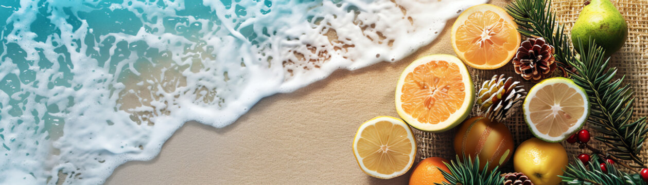 mat on the shore with fruit flat design top view holiday theme water color Triadic color scheme