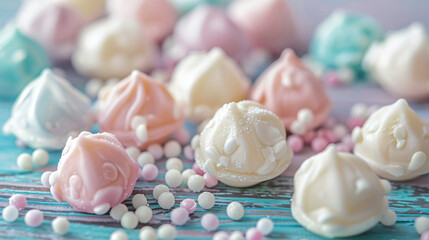 Tasty birds milk candies on table closeup