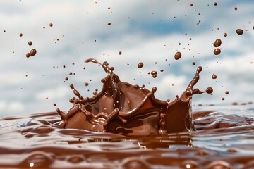 Fototapeta premium Choclete splash , hard light , front view , sky background, generative ai