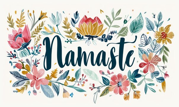 Namaste - calligraphy lettering with decorative floral elements frame on white background