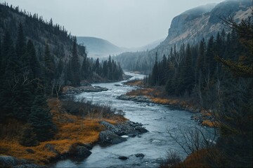 Misty river flowing through autumn forest