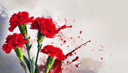Red carnation flowers with watercolor splashes on grunge background. copy space for your text.	