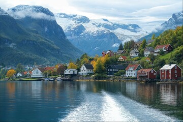 Quaint village by a mountain lake in Norway