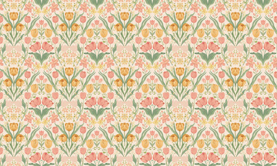 tulip, red, yellow and green floral pattern on a fabric, perfect for spring and summer designs
