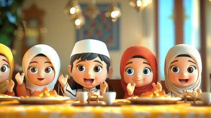 A 3D illustration of kids celebrating Eid