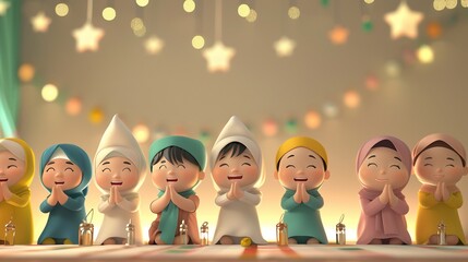 A 3D illustration depicting cartoon kids celebrating Eid, with space provided for text