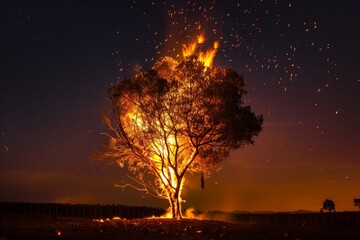 A tree engulfed in flames at night with sparks flying into the dark sky, creating a dramatic and intense scene of a forest fire. - Powered by Adobe