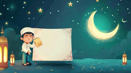 Calm Night Scene, Boy and Muslim Girl in Traditional Attire with Moon and Stars