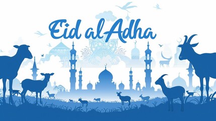 Eid al-Adha Card Illustration, Mosque Silhouette with Lambs and Goats
