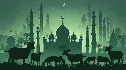 Eid al-Adha Vector Design, Mosque Silhouette with Goats