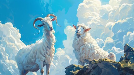 Realistic Eid ul-Adha Illustration, Goat and a Sheep on Blue Cloudy Background