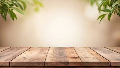 Empty wooden table top Brown For displaying product ,The background has leaves and blurred light.