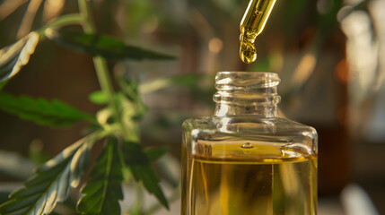 Cannabis CBD essential oil in a glass dropper bottle. Marihuana extract for cosmetics, food and alternative medicine. Creative background.