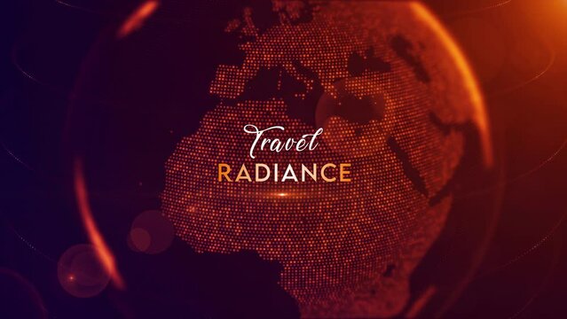 Travel Radiance Lettering On Orange Violet Shiny Close-Up High Angle View Of Dotted Globe Earth World Map Rotating, Center Position With Bokeh Light Flare Background, Seamless Loop