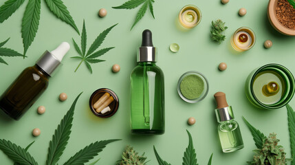 Cannabis CBD essential oil in a glass dropper bottle, hemp tablets, pills and powder on a table. Marihuana extract for cosmetics, food and alternative medicine. 
