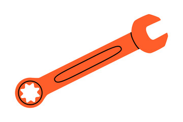 Hand drawn cute cartoon illustration of ratcheting wrench or spanner instrument. Flat vector repair tool in colored doodle style. Support service hardware icon. Settings or fix problem. Isolated.