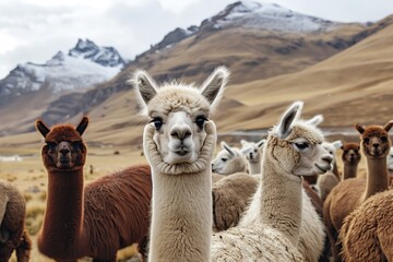 Obraz premium A group of alpacas standing in a mountainous landscape with snow-capped peaks and dry grassy hills in the background, showcasing their variety of colors and textures.