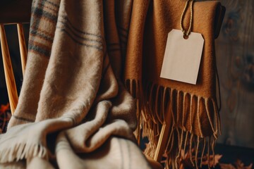 Close-up of cozy woolen blankets draped over a wooden chair, featuring a plaid pattern on one and fringes on the other, with a blank tag hanging.