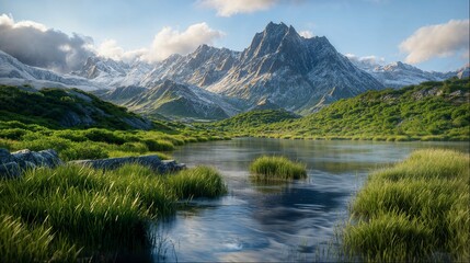 Green meadow and mountains by reflective lake
