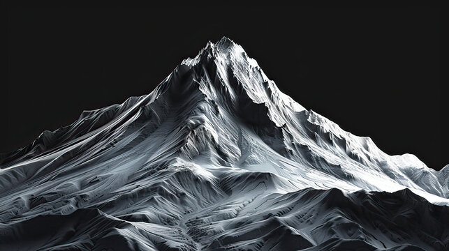 Very modern, current, contemporary nature background, wallpaper, backdrop, texture, Mount Elbrus mountain and snowy Caucasus mountains, range, isolated. LIDAR model, scan, map, black background
