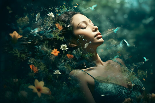 Femme en harmonie et en osmose avec la nature - connexion avec la nature, &eacute;nergie vitale et harmonie.