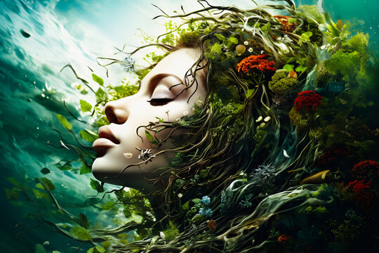 Femme en osmose avec la nature coiff&eacute;e de fleur et de v&eacute;g&eacute;tation.