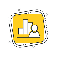 Cartoon person with diagram icon vector illustration. Chart icon on isolated yellow square background. Statistics sign concept.