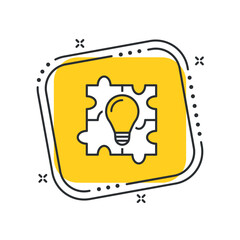Cartoon bulb with puzzle icon vector illustration. Lightbulb on isolated yellow square background. Jigsaw sign concept.