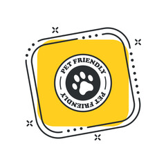 Cartoon pet friendly vector illustration. Paw print logo on isolated yellow square background. Footprint sign concept.