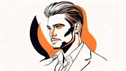 Prominent Minimalistic Portrait of a Handsome Man Capturing Masculine Beauty with Clean Lines and Vibrant Detailing on an Orange, Lack and White Background