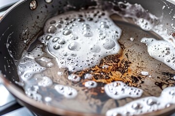 Close-up of a dirty frying pan with soap suds and grease residue, indicating a need for cleaning.