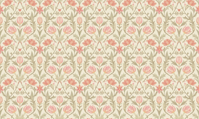 Floral pattern with pink and red flowers. Elegant mirror pattern