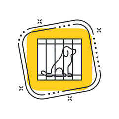 Cartoon dog in cage icon vector illustration. Pet cage on isolated yellow square background. Adopt a pet sign concept.