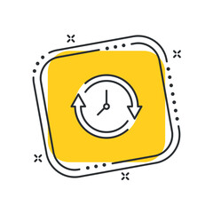 Cartoon refresh time icon vector illustration. Update clock on isolated yellow square background. Clockwise sign concept.