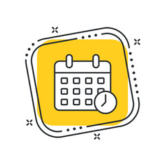 Cartoon calendar with time clock icon vector illustration. Schedule on isolated yellow square background. Event time sign concept.