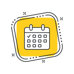 Cartoon calendar with check mark icon vector illustration. Schedule on isolated yellow square background. Event sign concept.