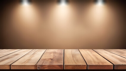 Empty wooden table top Brown For displaying product ,Blurred light background.
