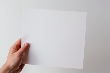 Obraz premium A hand holding a blank sheet of white paper against a plain white background.