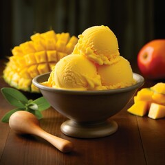 A bowl of ice cream with a slice of mango on top