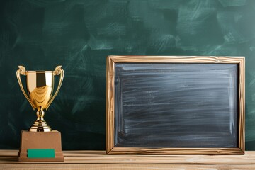 Golden trophy and blank chalkboard on wooden shelf with dark green background, representing achievement and education concepts.