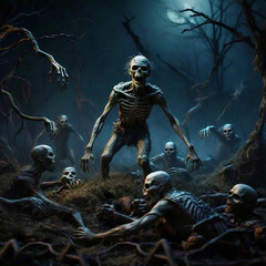 spooky Halloween scene with skeleton army in the scary forest	