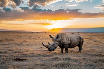 A rhinoceros stands in an open savanna landscape at sunset with a dramatic sky overhead.
