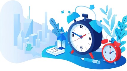 Illustrate two alarm clocks in the foreground with a blue and white cityscape in the background