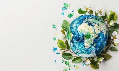Painted Earth globe with green leaves and flowers decoration. Ecology and green energy concept