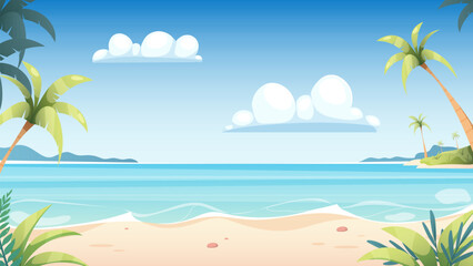 Sea and sandy beach with palm trees. Vector background, summer illustration