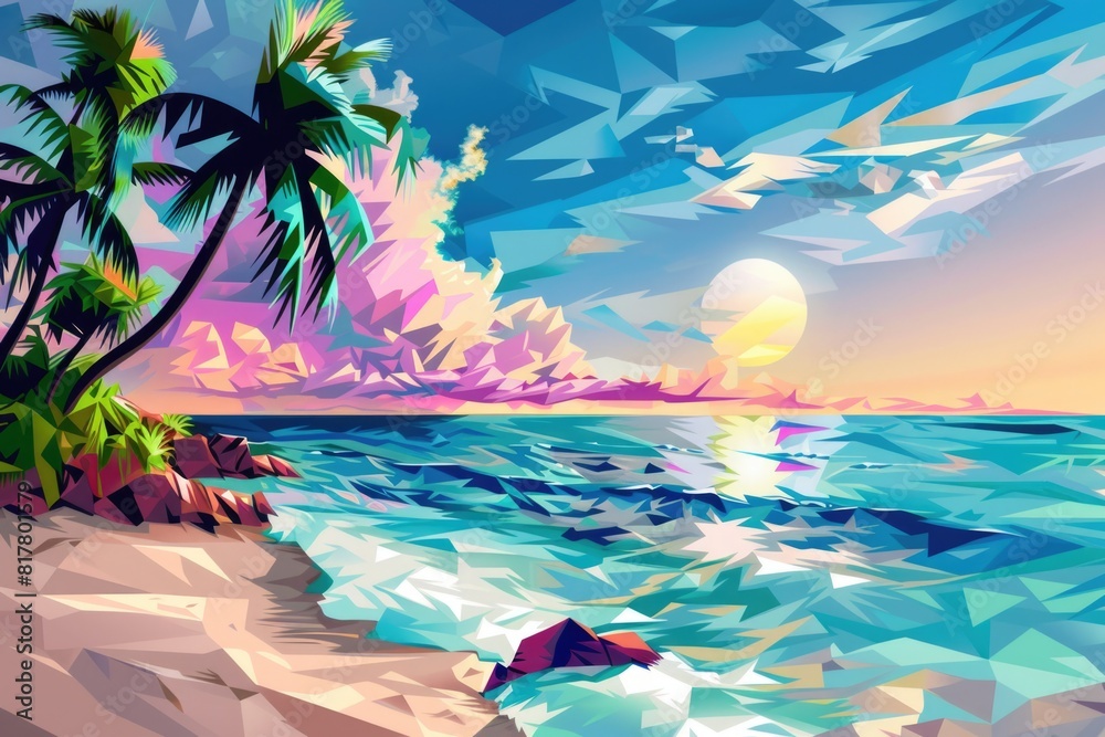 Aufkleber digital painting of a serene beach with palm trees. suitable for travel and relaxation concepts
