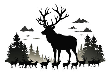 vector silhouette of a large male bull elk bugling with a herd of cow elk in the background