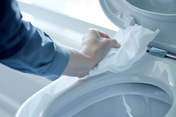 Hand cleaning a toilet seat with a white cloth, showcasing hygiene and cleanliness practices in a restroom.