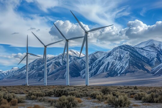 Wind turbines in a desert landscape with snow-capped mountains in the background under a partly cloudy sky.
